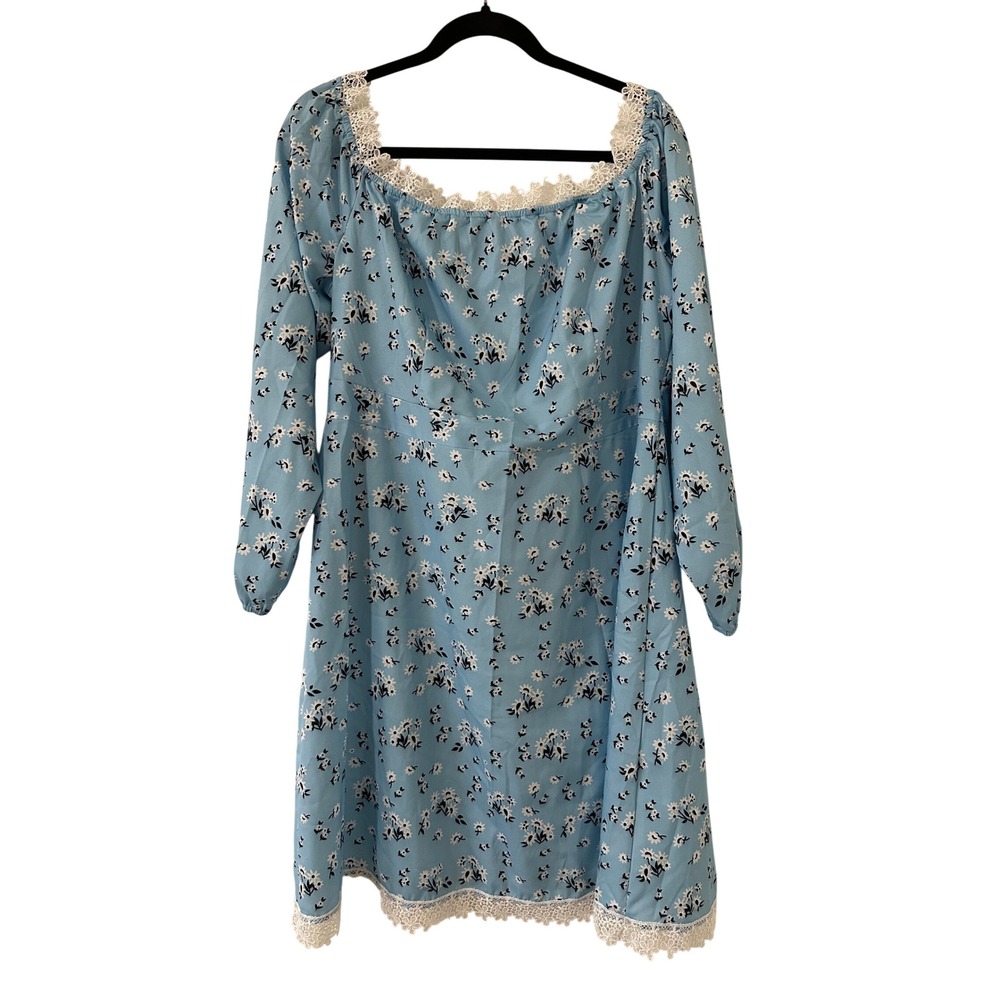 Shein Curve 3XL Blue Floral Lace Trim Mini Dress Long Sleeve Cottagecore Boho